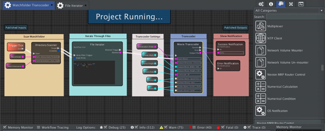 Connectr comes packed with hundreds of useful actions, including FFMPEG transcoding, email and text messaging, file moving and copying, applying metadata in Axle AI, and media upload to online storage or social